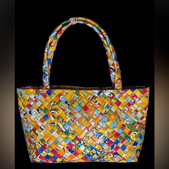 Yellow and Red Eco-Friendly Woven Tote - Picture 1 of 3
